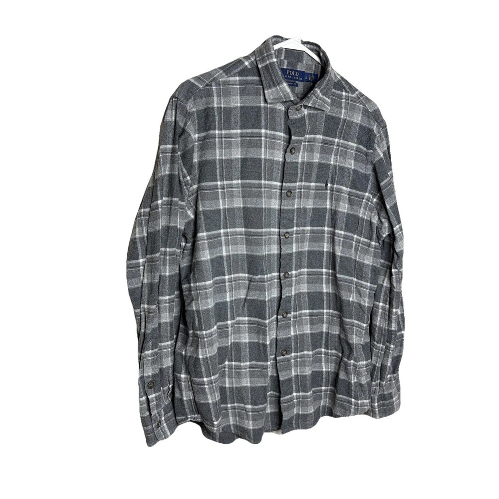 Mens M Polo Ralph Lauren Gray Plaid Flannel Shirt Button Classic Fit Soft Logo